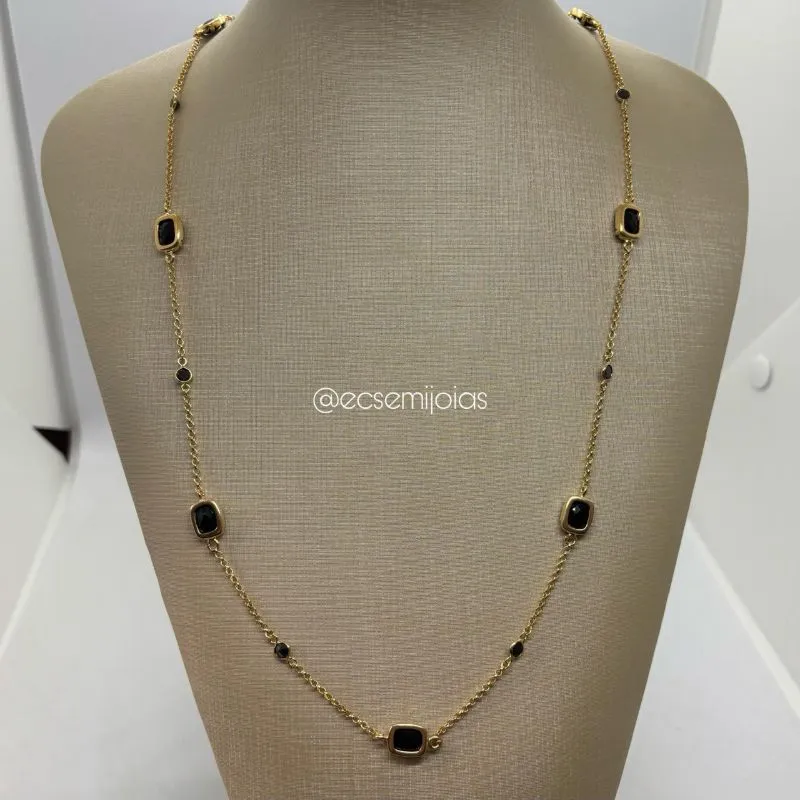 Colar elo português fininho com pedras retangulares e zircônias intercaladas - 80cm + extensor - banhado a ouro 18k