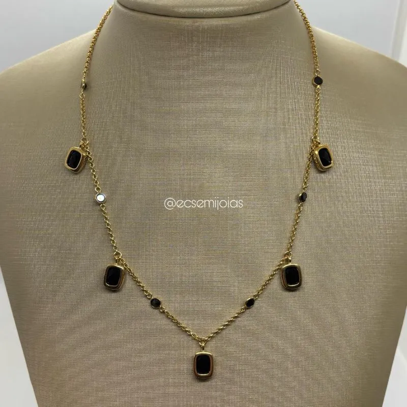 Colar elo português fininho com pedras retangulares penduradas e zircônias intercaladas - 43cm + extensor - banhado a ouro 18k