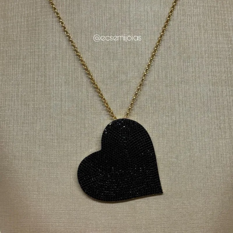 Colar português com pingente de coração grande cravejado - 50cm + extensor - banhado a ouro 18k