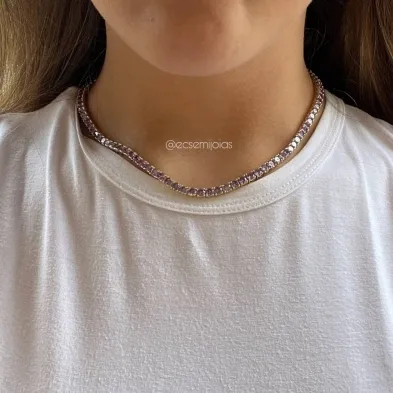 Colar riviera de 4 pontas 4mm - 46cm - banhado a ródio branco