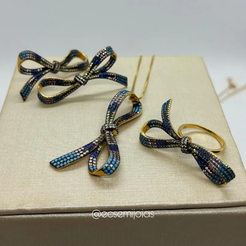 Conjunto brinco, colar e anel de laço cravejado - colar 60cm + extensor  - banhado a ouro 18k