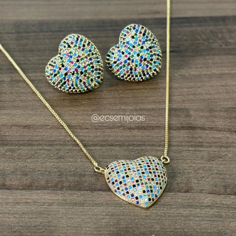 Conjunto brinco e pingente coração 2cm cravejado - 42cm + extensor - banhado a ouro 18k