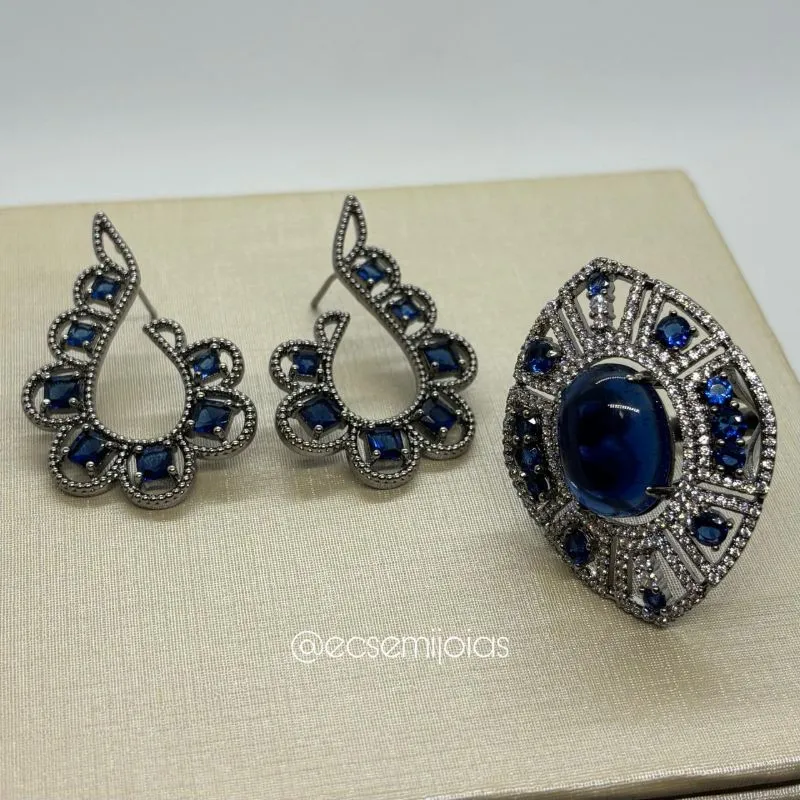 Conjunto de anel e brinco com pedra oval maior cravejado em volta - banhado a ródio negro