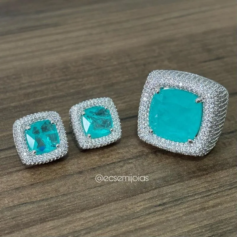 Conjunto de anel e brinco com pedra quadrada no centro cravejado em volta e laterais - banhado a ródio branco