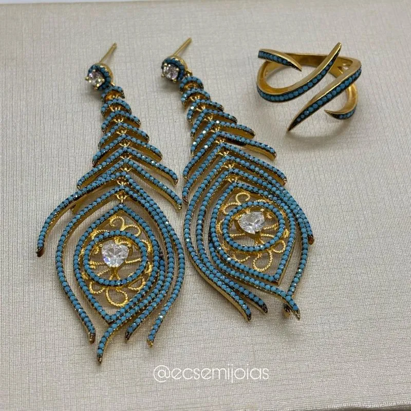 Conjunto de anel e brinco escama de peixe com aros cravejados - banhado a ouro 18k