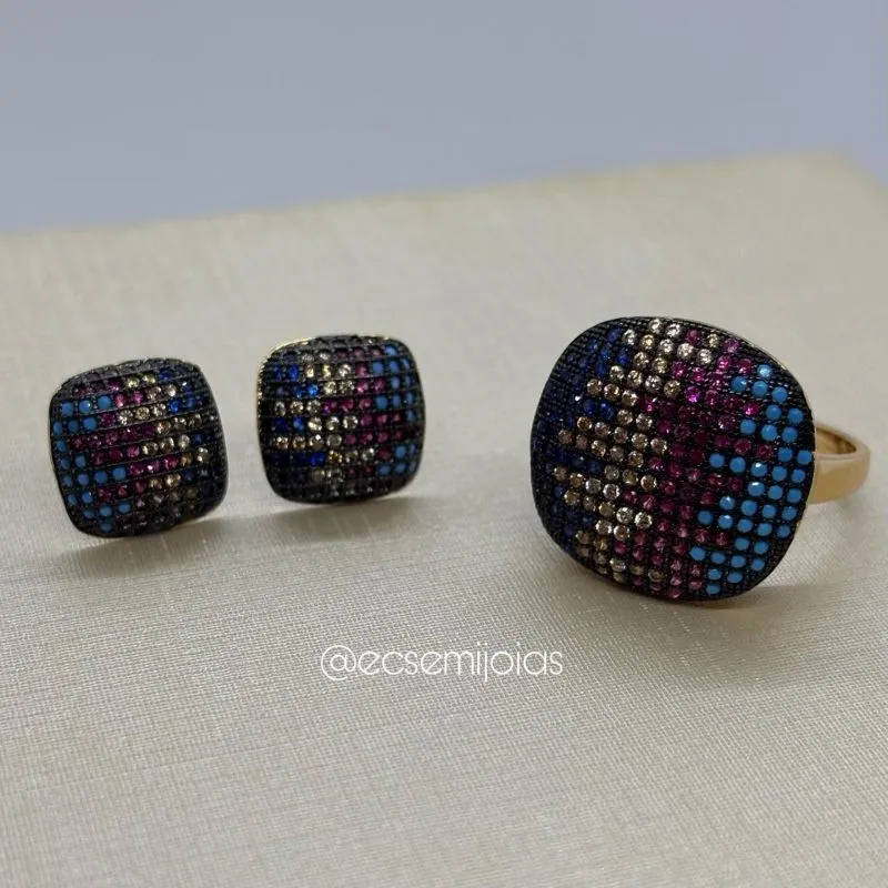 Conjunto de anel e brinco quadrado cravejado - banhado a ouro 18k