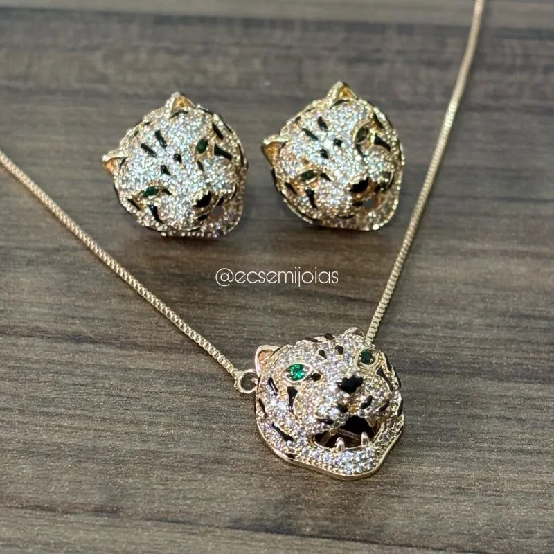 Conjunto de brinco e colar de cabeça de pantera cravejada - 42cm + extensor - banhado a ouro 18k