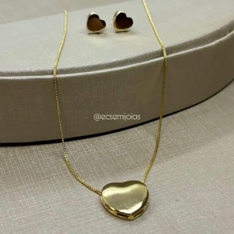 Conjunto de brinco e colar de coração liso - banhado a ouro 18k