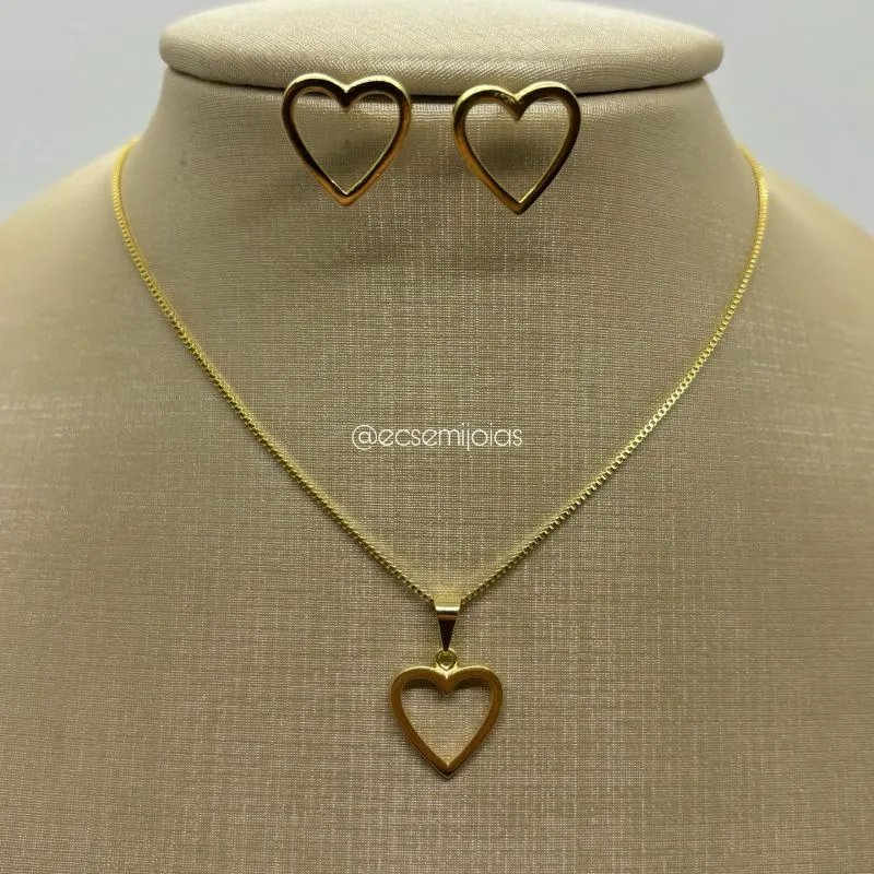 Conjunto de brinco e colar de coração liso vazado - banhado a ouro 18k