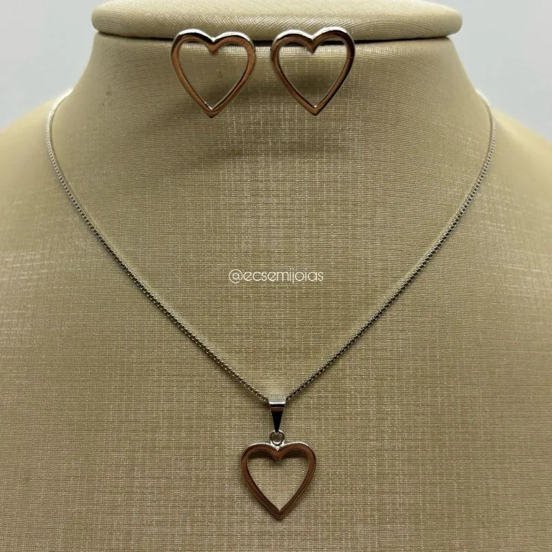 Conjunto de brinco e colar de coração liso vazado - banhado a ródio branco