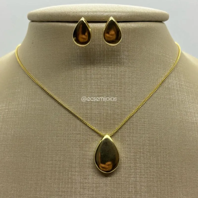 Conjunto de brinco e colar de gota lisa - banhado a ouro 18k