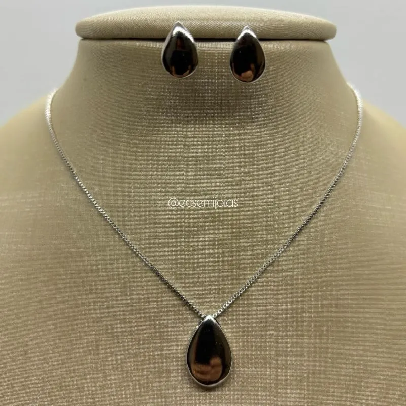 Conjunto de brinco e colar de gota lisa - banhado a ródio branco