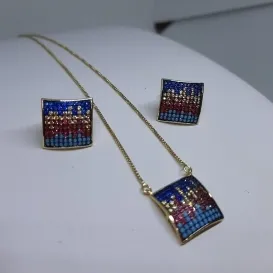 Conjunto de Brinco e Colar quadrado cravejado colorido - 41cm + extensor - banhado a ouro 18k