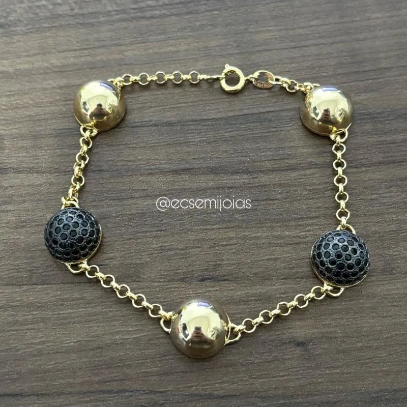 Pulseira bolas lisas e cravejadas - 21cm - banhado a ouro 18k