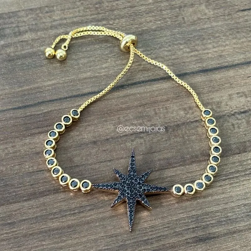 Pulseira com estrela cravejada e elo com zircônias maiores - ajustável - banhado a ouro 18k