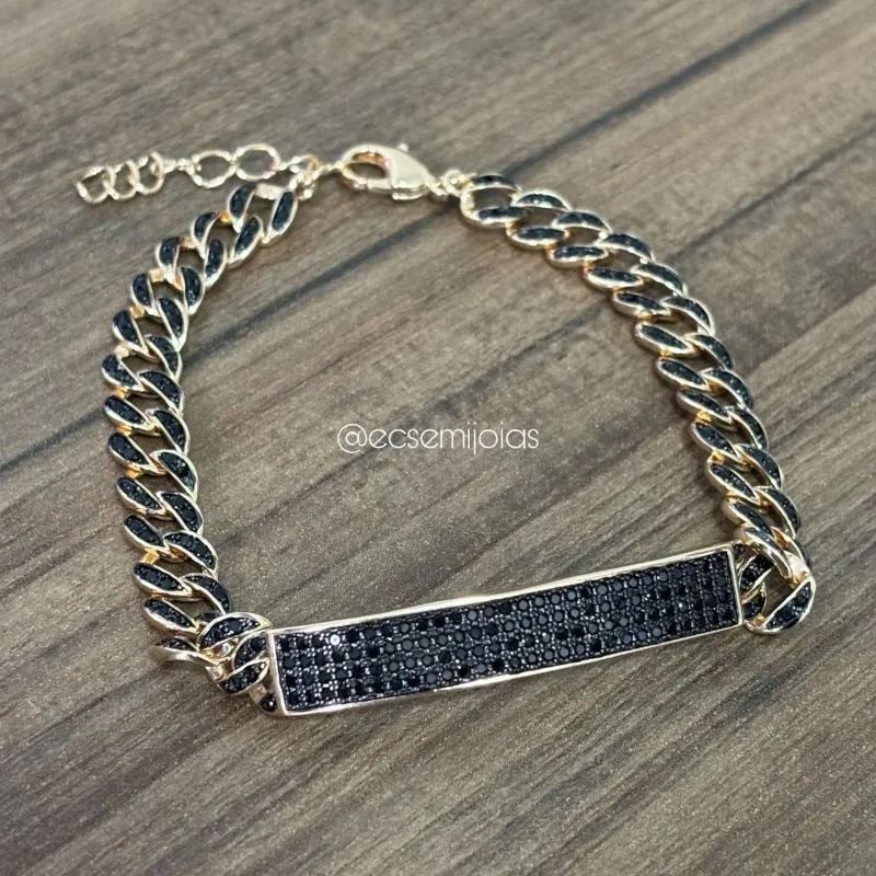 Pulseira de elo grumet cravejado com placa retangular cravejada - 18cm - banhado a ouro 18k