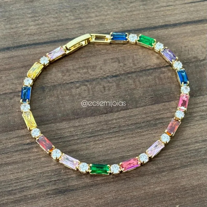 Pulseira de elos com 100% de zircônias baguetes e redondas intercaladas - 18cm - banhado a ouro 18k