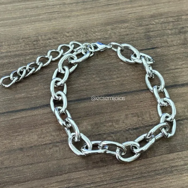 Pulseira de elos ovais 9mm - 18cm + extensor - banhado a ródio branco