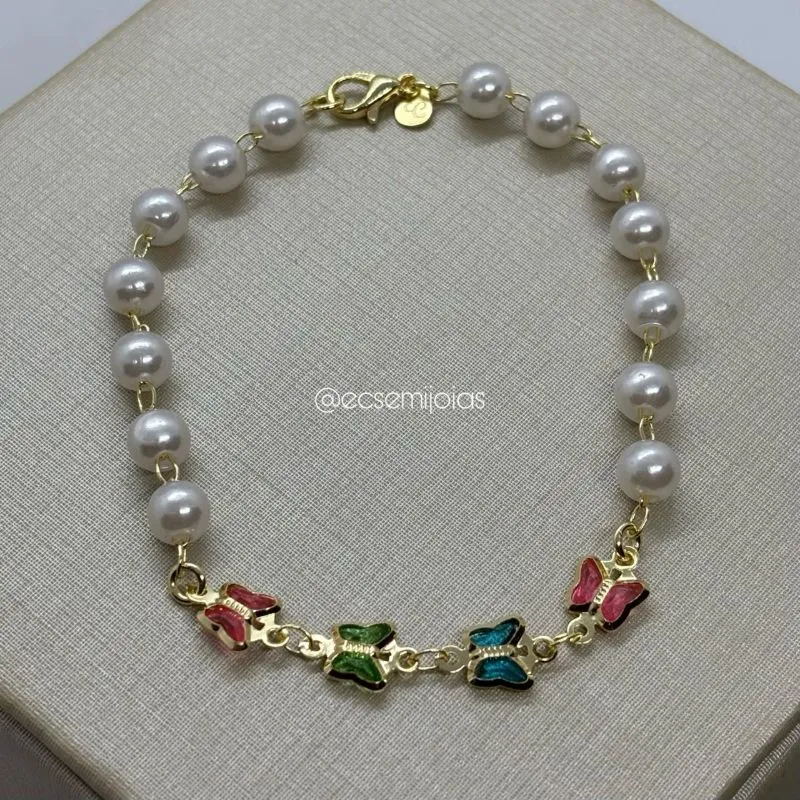 Pulseira de pérolas com borboletas coloridas - 19,5cm - banhado a ouro 18k