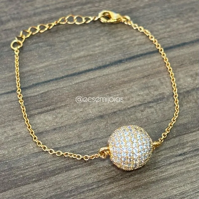 Pulseira fininha com bola cravejada - 15cm + extensor - banhado a ouro 18k