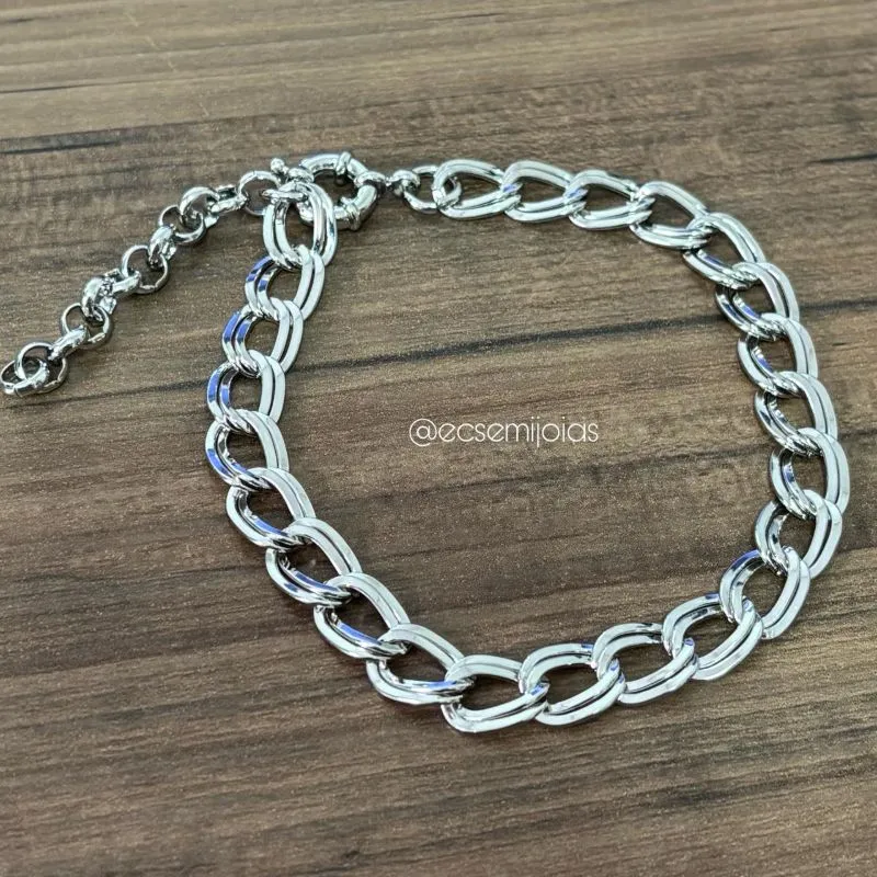 Pulseira grumet de elos duplos grandes 9mm - 22cm + extensor - banhado a ródio branco