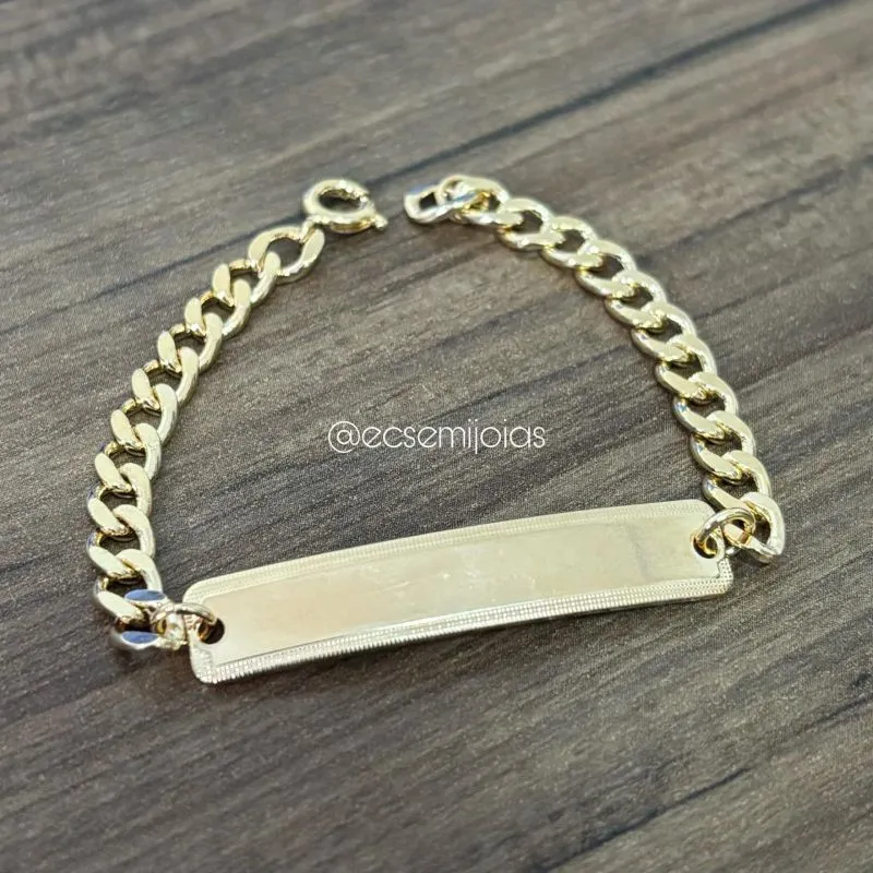 Pulseira infantil de elo grumet com placa lisa - 14,5cm - banhado a ouro 18k