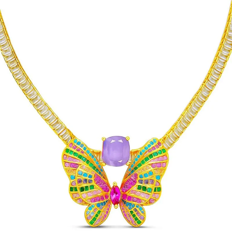 Colar riviera de baguetes com borboleta grande cravejada com pedra oval grande no centro - 40cm - banhado a ouro 18k