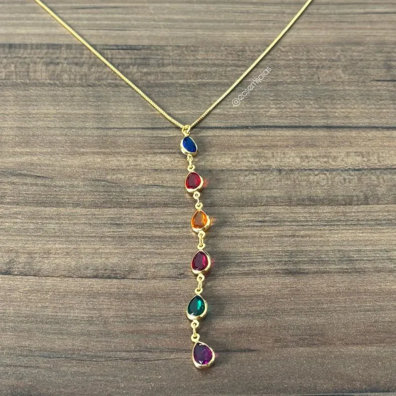 Colar gravata com pedras gotas coloridas - 45cm + extensor - banhado a ouro 18k