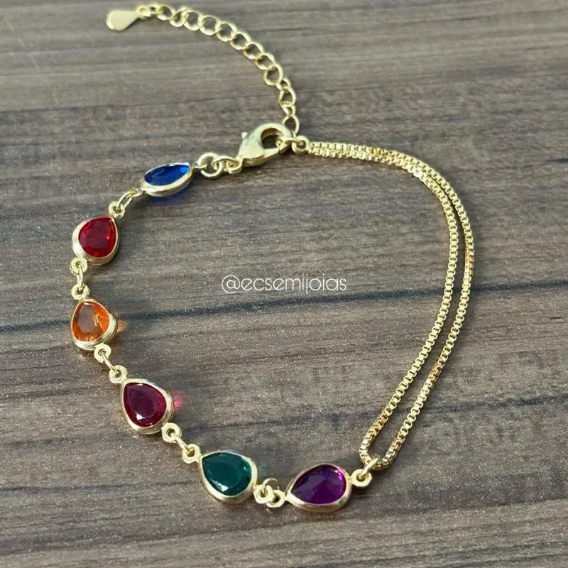Pulseira com pedras gotas coloridas - 18,5cm + extensor - banhado a ouro 18k