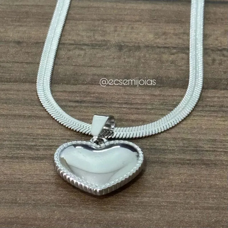Colar de fita de 3mm com pingente de coração liso - 45cm + extensor - aço inoxidável