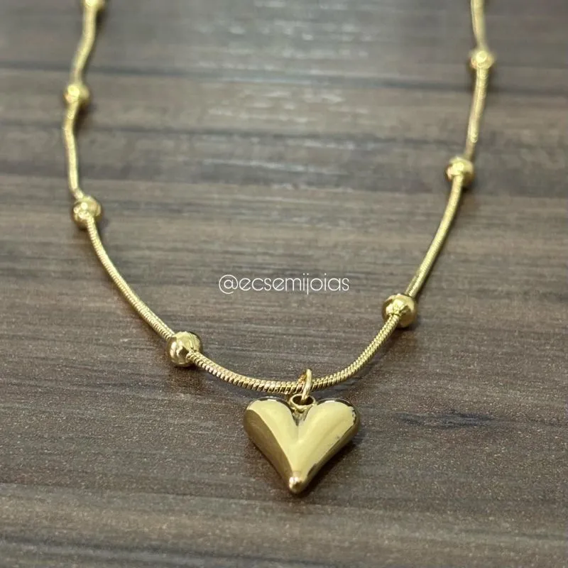 Colar rabo de rato com bolas lisas e pingente de coração liso - 45cm + extensor - aço dourado inoxidável