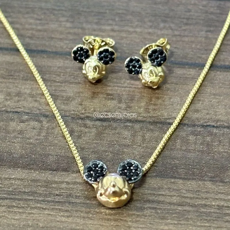 Conjunto de brinco e colar com Mickey de orelhas cravejadas - 40cm + extensor - banhado a ouro 18k