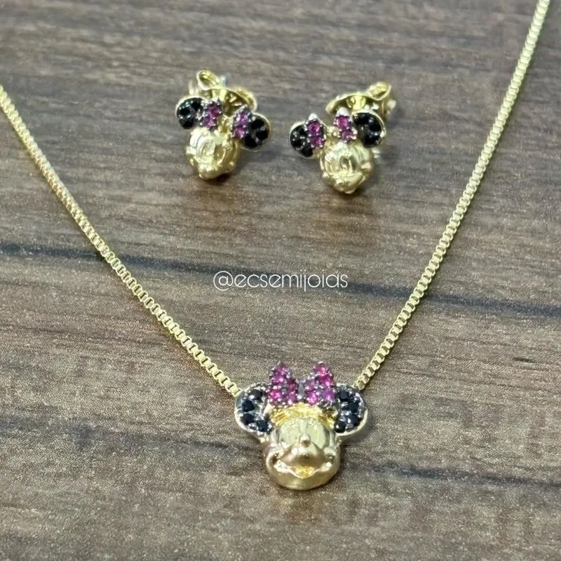Conjunto de brinco e colar com Minnie de orelhas cravejadas - 40cm + extensor - banhado a ouro 18k