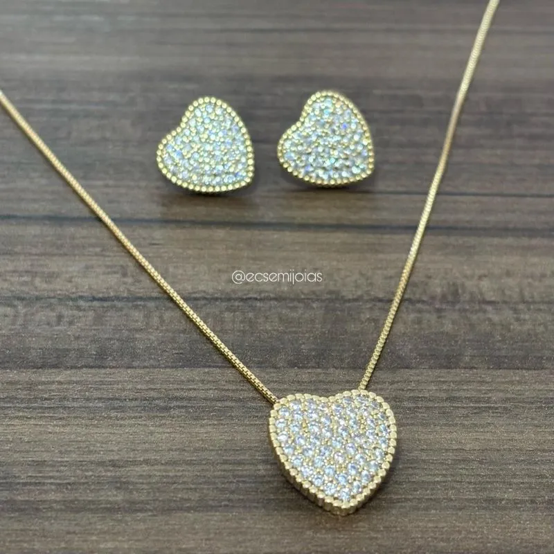Conjunto de brinco e colar de coração cravejado - 45cm + extensor - banhado a ouro 18k