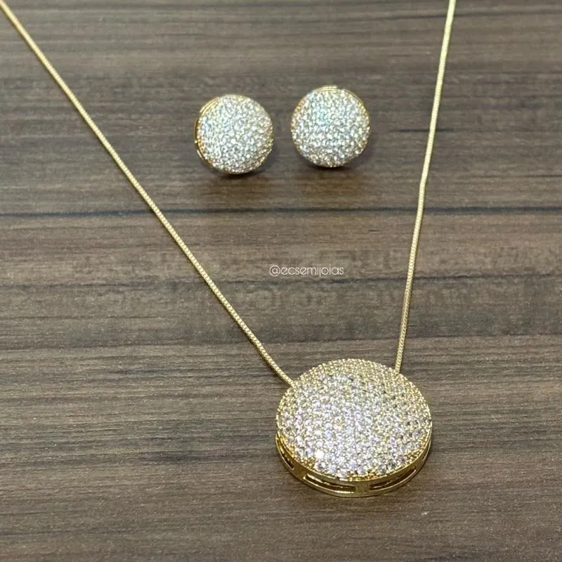 Conjunto de brinco e colar redondo cravejado - 45cm + extensor - banhado a ouro 18k