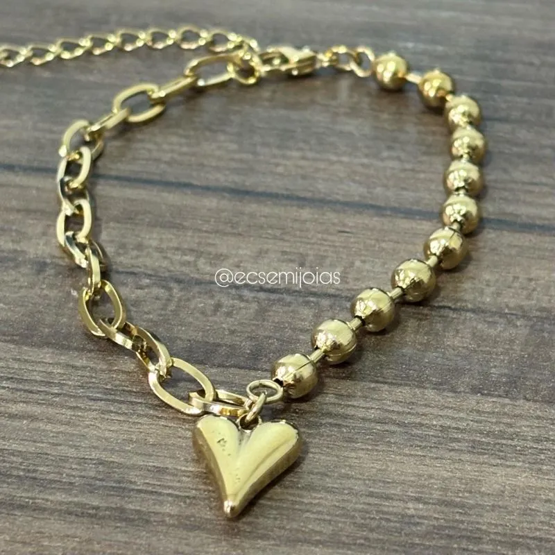 Pulseira de elos ovais e bolas lisas com pingente de coração liso -19,5cm + extensor - aço dourado inoxidável
