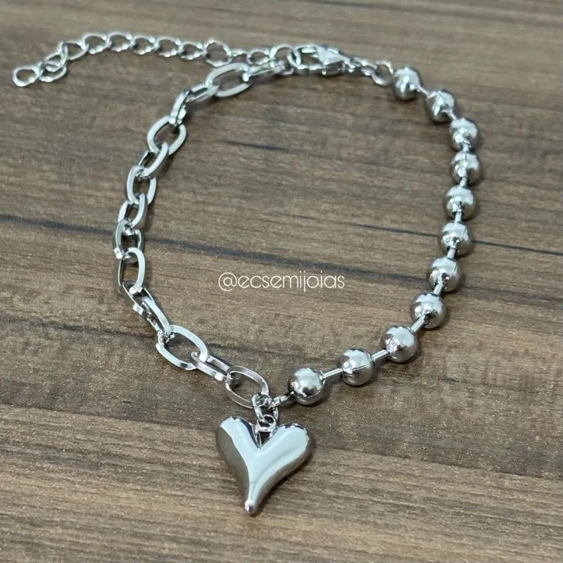 Pulseira de elos ovais e bolas lisas com pingente de coração liso -19,5cm + extensor - aço inoxidável