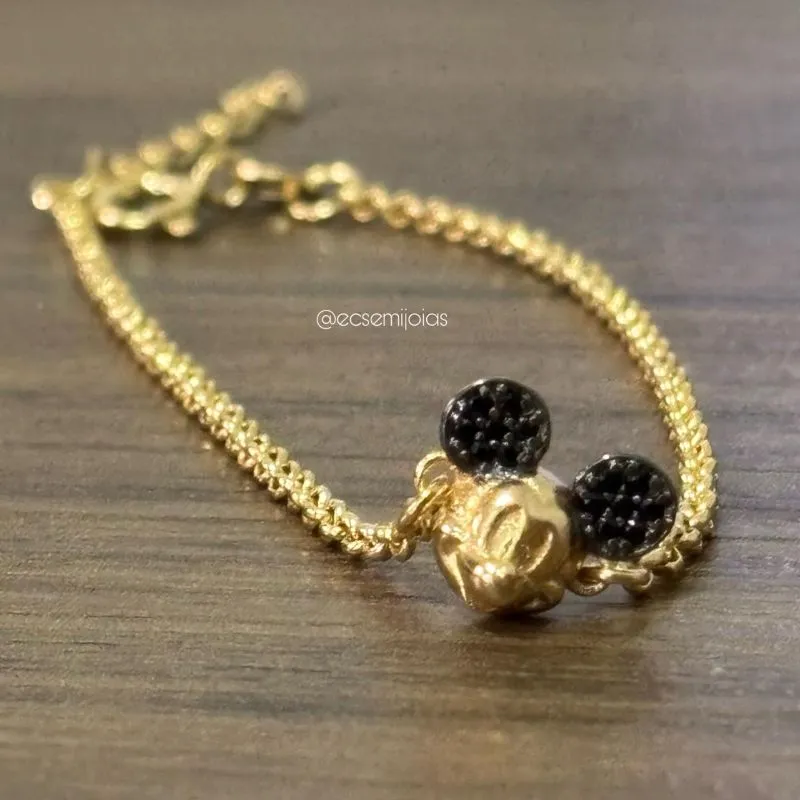 Pulseira infantil de elo português com Mickey de orelhas cravejadas - 17cm + extensor - banhado a ouro 18k