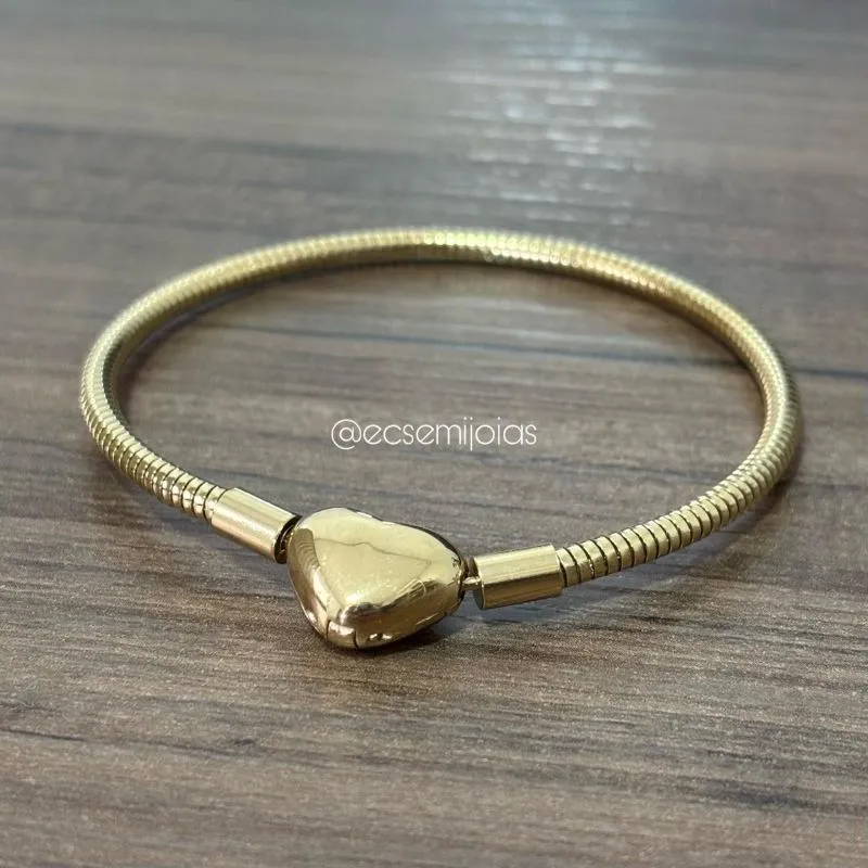 Pulseira para berloques com fecho de coração liso - aço dourado inoxidável