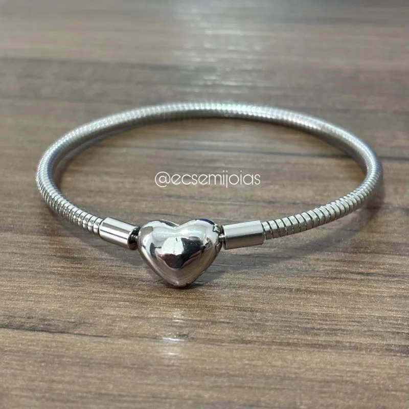 Pulseira para berloques com fecho de coração liso - aço inoxidável
