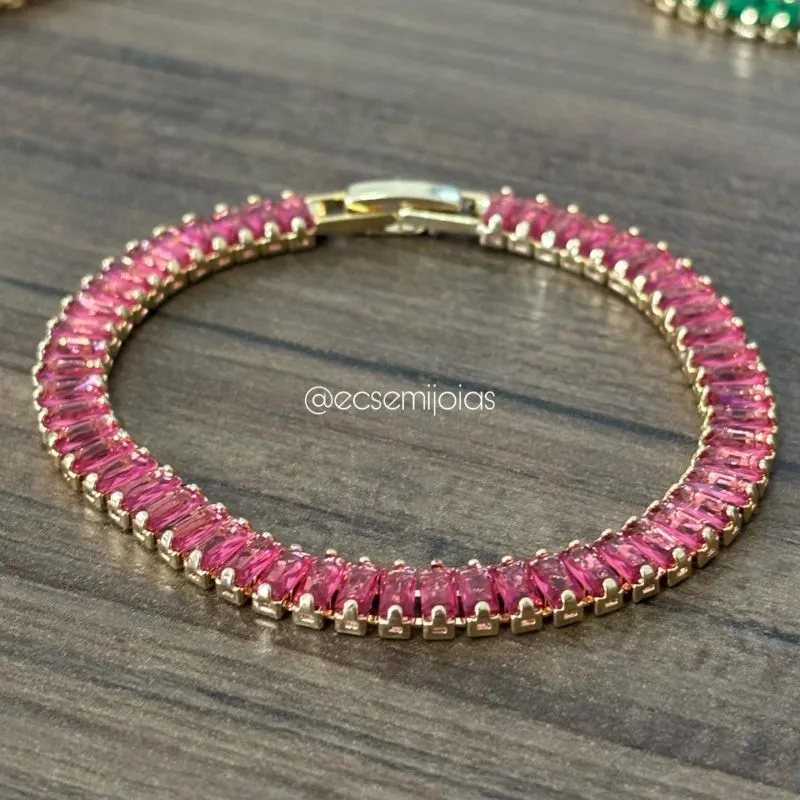 Pulseira riviera de zircônias baguetes 5mm - 18cm - banhado a ouro 18k