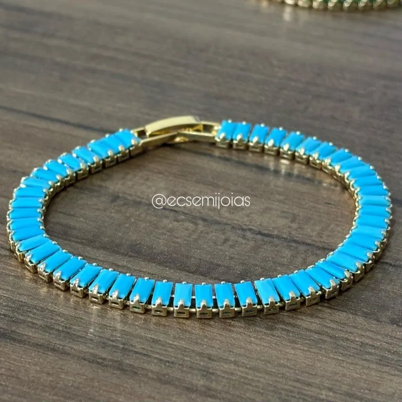 Pulseira riviera de zircônias baguetes 5mm - 18cm - banhado a ouro 18k