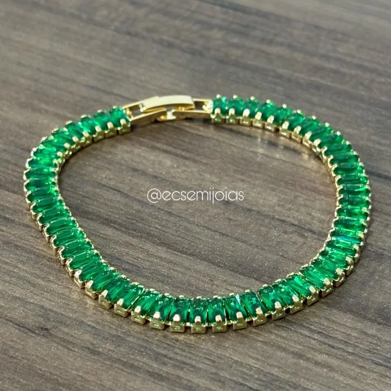 Pulseira riviera de zircônias baguetes 5mm - 18cm - banhado a ouro 18k