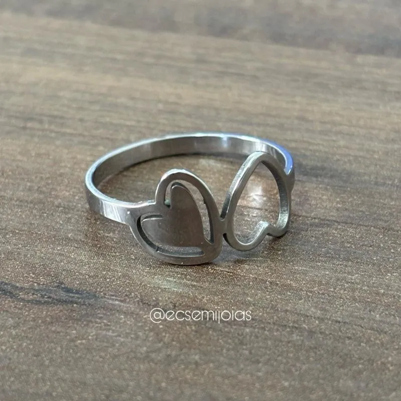 Anel com 2 corações, liso e vazado - aço inoxidável