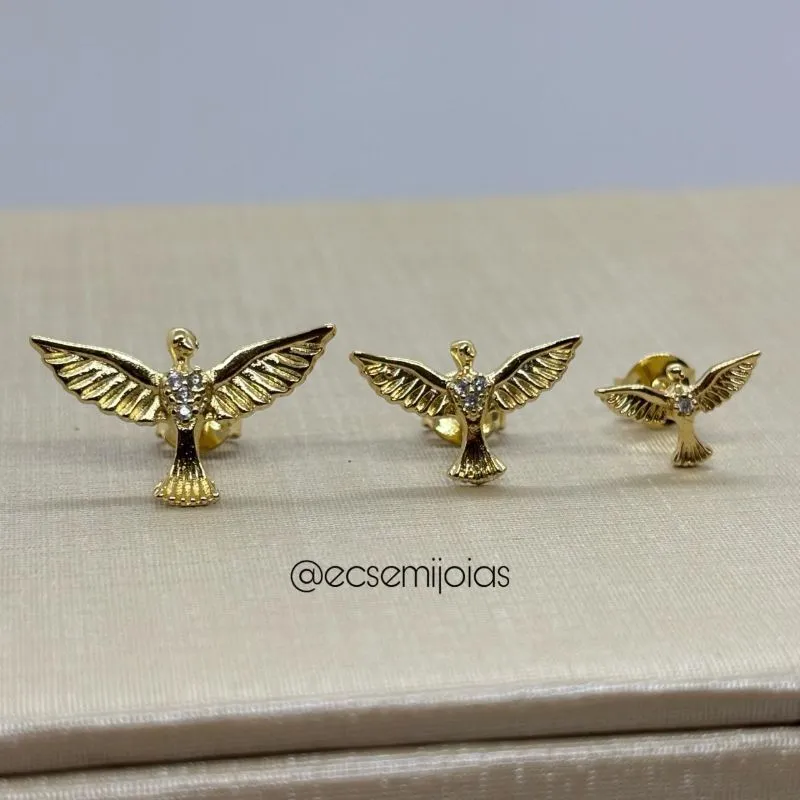 Brinco de pomba com peito cravejado (M) (alt: 10mm) - banhado a ouro 18k