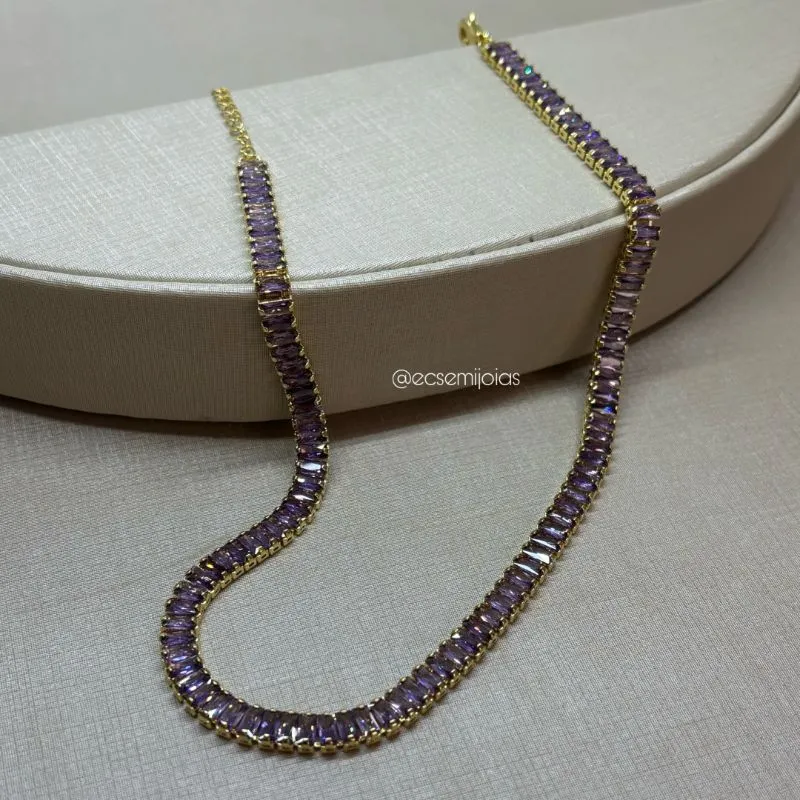 Choker com 100% zircônias baguetes 5mm - 35cm - banhado a ouro 18k