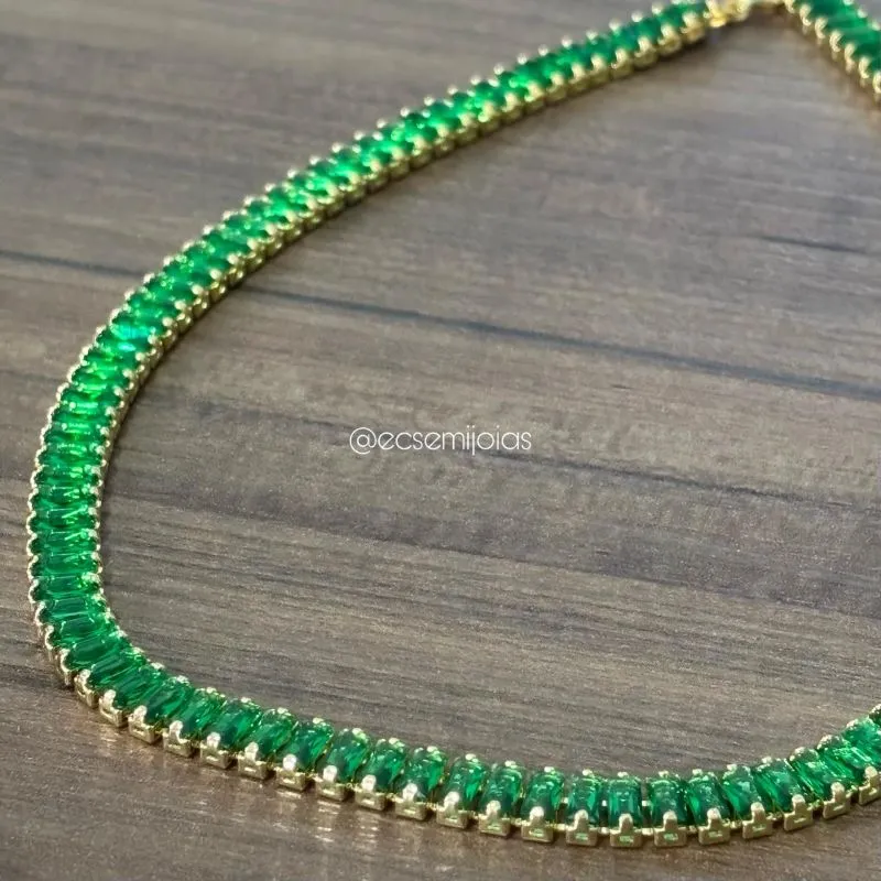 Choker riviera de zircônias baguetes 5mm - 35cm - banhado a ouro 18k