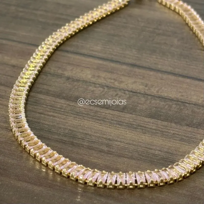 Choker riviera de zircônias baguetes 5mm - 35cm - banhado a ouro 18k