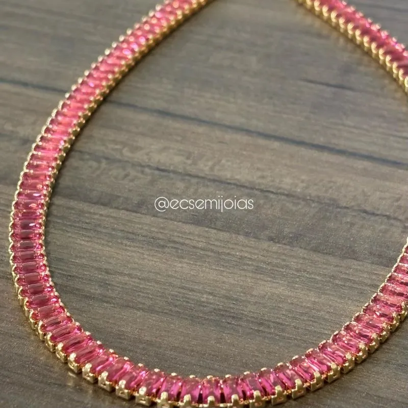 Choker riviera de zircônias baguetes 5mm - 35cm - banhado a ouro 18k