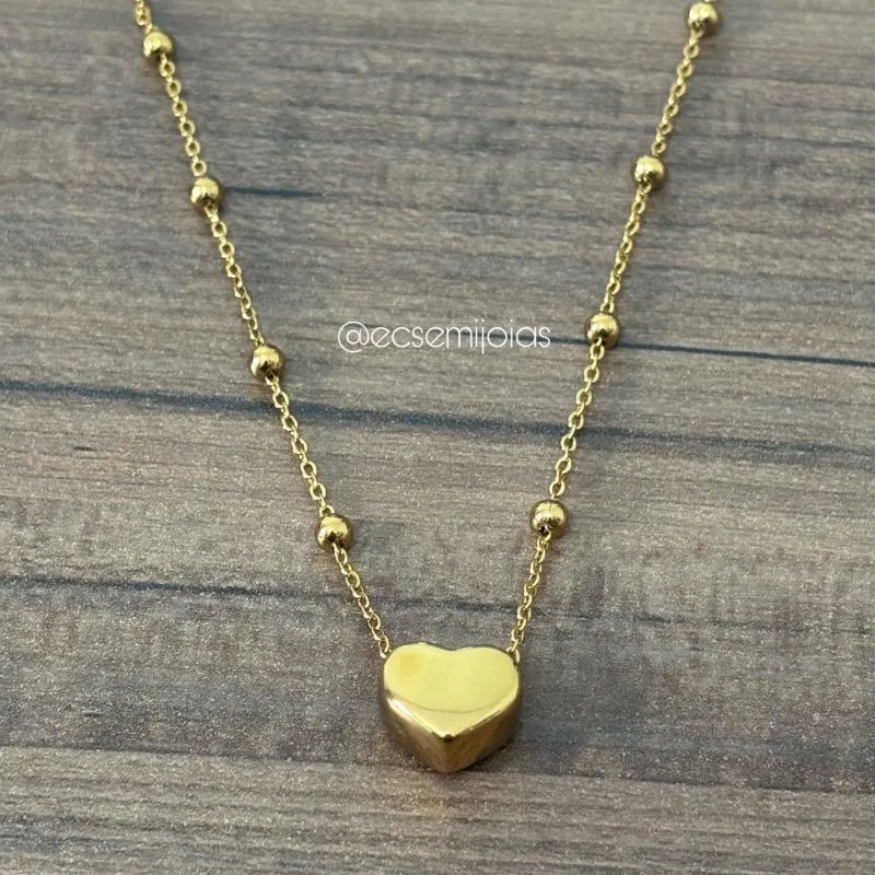 Colar de bolinhas com pingente de coração liso - 43cm + extensor - aço dourado inoxidável